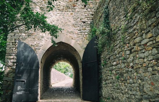 entrance of the Zavattarello Medieval castle in small village in the hilly area of (Oltrepo Pavese),June 2021 Lombardy Pavia Italy.