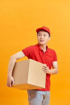 Mail man deliver package, shipping order from post man with red uniform