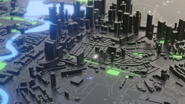 Abstract neon glowing Smart city with buildings and streets