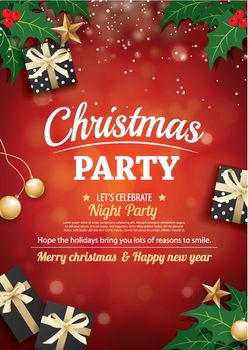 Merry christmas party and gift box on wooden background invitation theme concept. Happy holiday greeting banner and card design template.