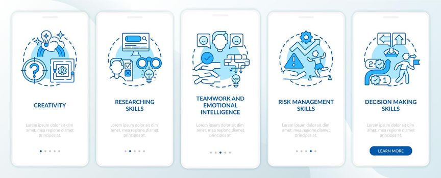 Problem-solving skills blue onboarding mobile app page screen with concepts