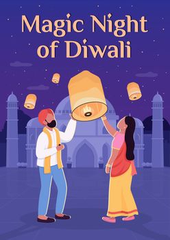 Deepavali celebration poster flat vector template. Magic night of Diwali. Brochure, booklet one page concept design with cartoon characters. National holiday flyer, leaflet with copy space