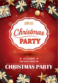 Merry christmas party and gift box on black background invitation theme concept. Happy holiday greeting banner and card design template.
