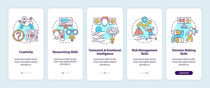 Problem-solving skills onboarding mobile app page screen with concepts