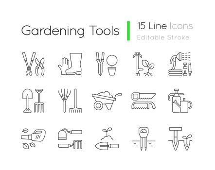 Gardening tools linear icons set