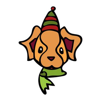 Cheerful ginger dog in a red green hat and a green scarf in a cartoon style.