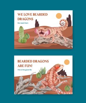 Facebook template with bearded dragon animal concept,watercolor style