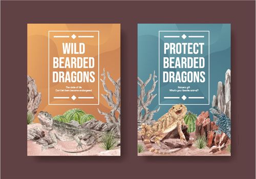 Poster template with bearded dragon animal concept,watercolor style