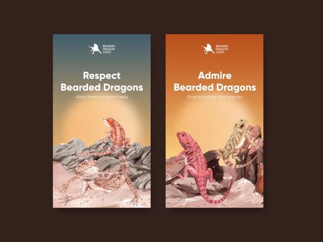 Instagram template with bearded dragon animal concept,watercolor style