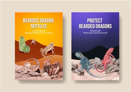 Poster template with bearded dragon animal concept,watercolor style