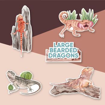 Sticker template with bearded dragon animal concept,watercolor style