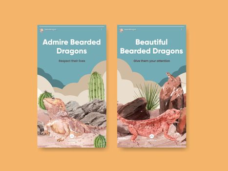Instagram template with bearded dragon animal concept,watercolor style