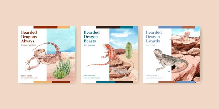 Banner template with bearded dragon animal concept,watercolor style