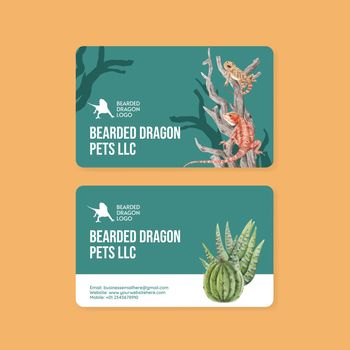 Name card template with bearded dragon animal concept,watercolor style