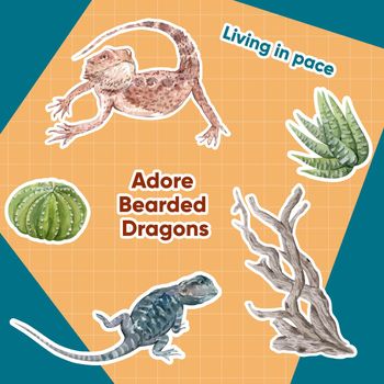 Sticker template with bearded dragon animal concept,watercolor style