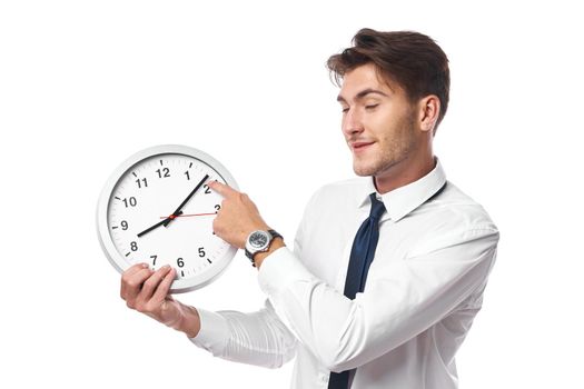 a person with clock in hand break office light background
