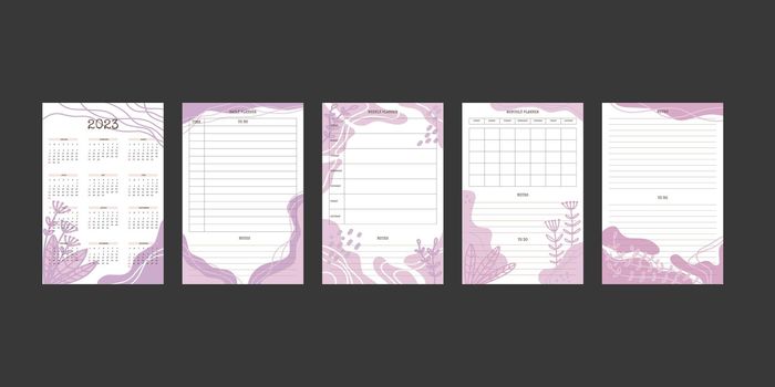 2023 calendar and daily weekly monthly planner collection with trendy hand drawn organic shapes and floral botanical elements in pastel neutral palette