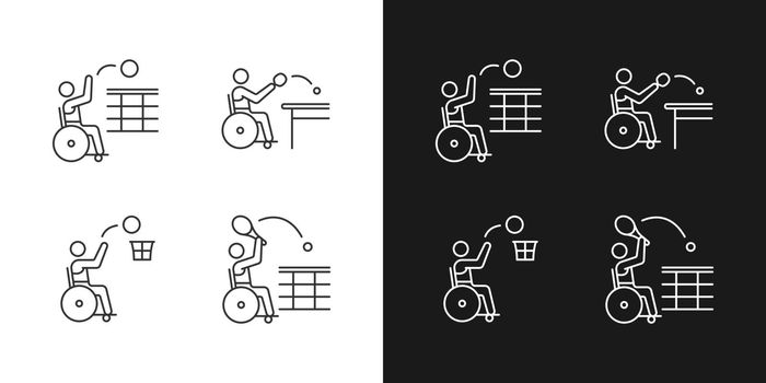 Adaptive wheelchair sports linear icons set for dark and light mode