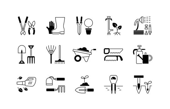 Gardening tools black linear icons set