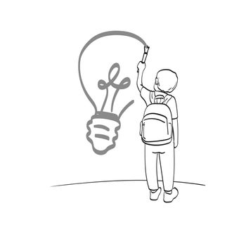 line art little boy drawing light bulb on the wall illustration vector isolated on white background. Education concept.