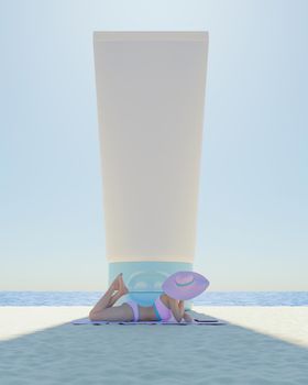 giant sunscreen canister shading woman lying on the beach. mockup