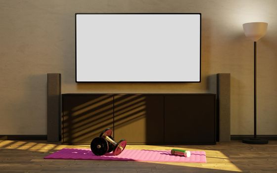 mockup of a television at home with a small makeshift gym