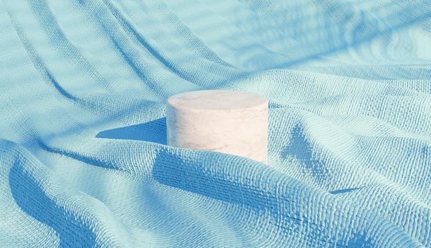 marble cylindrical product podium on blue wrinkled fabric
