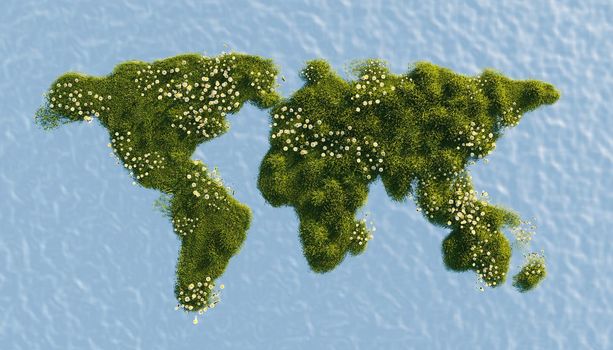 world map full of vegetation and spring flowers