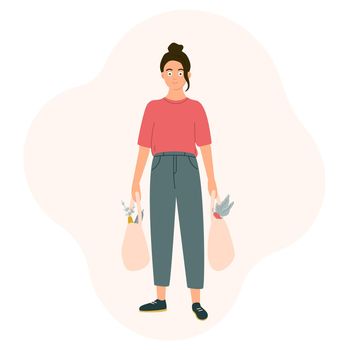 A young girl with shopping from the supermarket in her hands. Daily chores, going to the grocery store. Vector illustration in a flat style on a white background