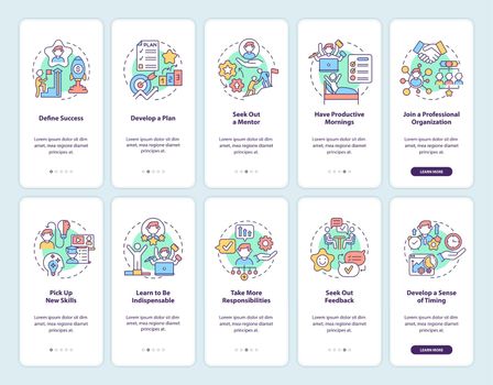 Career advancement onboarding mobile app page screen set