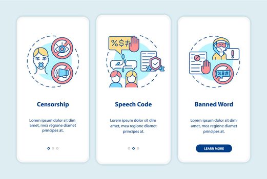Public communication limitations onboarding mobile app page screen. Censorship walkthrough 3 steps graphic instructions with concepts. UI, UX, GUI vector template with linear color illustrations