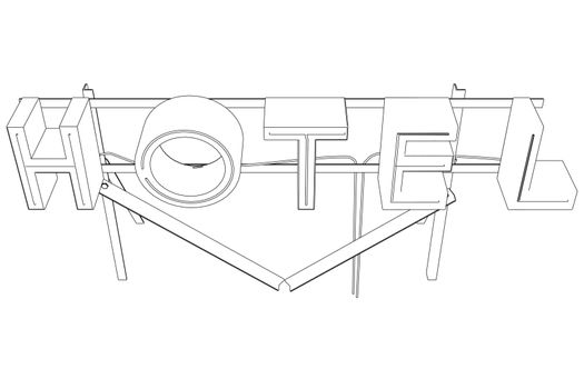 Contour of an advertising rack with the word hotel from black lines isolated on a white background. View from above. Vector illustration