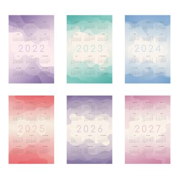 2022 2023 2024 2025 2026 2027 calendar set with trendy gradient abstract shapes