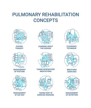 Pulmonary rehabilitation blue concept icons set