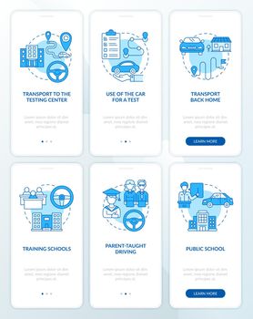 Driver education offers blue onboarding mobile app page screen set. Course for teens walkthrough 3 steps graphic instructions with concepts. UI, UX, GUI vector template with linear color illustrations