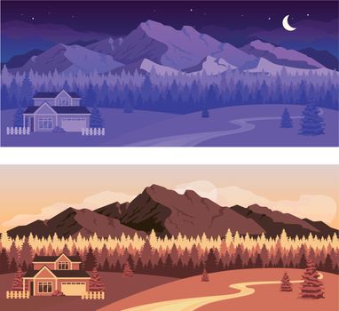 Day and night mountains flat color vector illustration set. Residential house near nighttime forest. Daytime land near woods. Countryside 2D cartoon landscape with nature on background collection