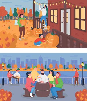 Autumn weekend activity flat color vector illustration set