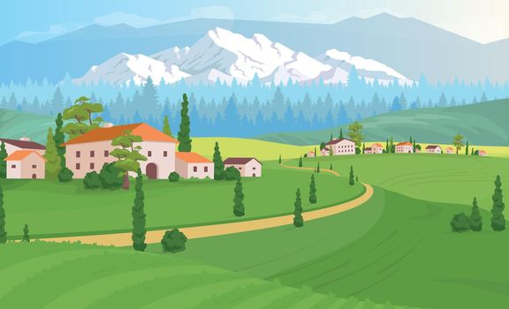 Rural dwelling scenery flat color vector illustration