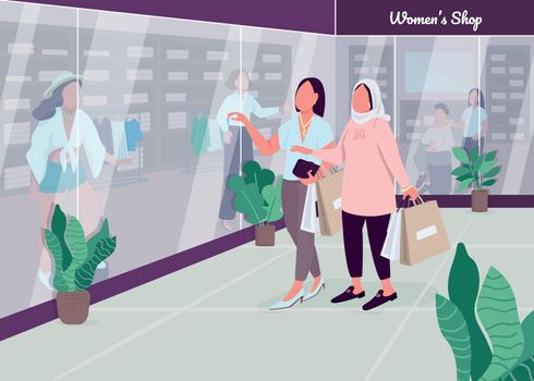 Shopping with girlfriends flat color vector illustration