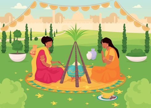 Lohri celebration flat color vector illustration. Traditional holy feast in public park. Women in sari. Hindu holiday. Indian female 2D cartoon characters with cityscape on background