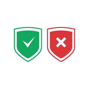 Shields with check mark and cross icons set. Red and green shield with checkmark and x mark. Protection, safety, security, reliability concepts. Vector illustration isolated on white background.