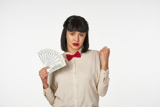 rich woman with money in hands dollars finance