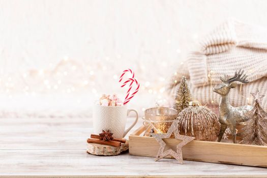 Christmas festive cozy decor still life on wooden background, concept of home comfort and holiday.
