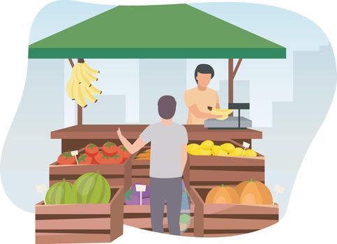 Fruits and vegetables market stall with seller flat illustration. Man buying farm products, eco and organic food at trade tent with wooden crates. Summer market stand, grocery outdoor street shop