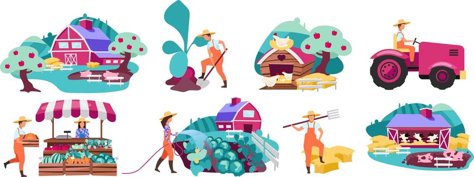 Farm flat vector illustrations set. Horticulture and vegetable gardening. Farmers market produce concept. Cattle, livestock and poultry farming. Agricultural plantation. Rural, village farmland