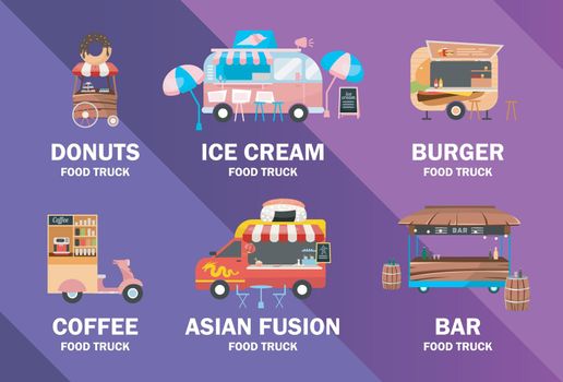 Food trucks poster vector template. Street food festival. Brochure, cover, booklet page concept design with flat illustrations. Ready meal vehicles. Advertising flyer, leaflet, banner layout idea