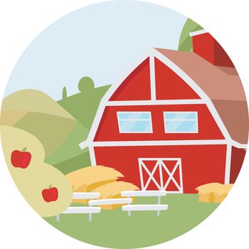 Farmhouse flat concept icon. Countryside house, ranch yard with apple orchard sticker, clipart. Village farming, agriculture. Farmland with barn. Isolated cartoon illustration on white background