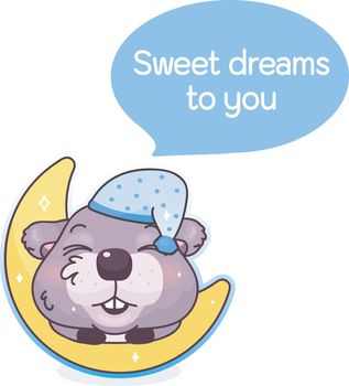 Cute beaver cartoon kawaii vector character. Sweet dreams to you phrase inside speech bubble. Sleeping beaver on moon isolated sticker. Cartoon animal postcard clipart on white background