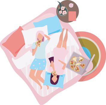 Girlfriends eating pizza flat vector illustration. Female best friends in pajamas on bed cartoon characters. Sleepover, slumber party concept. Young girls, women in sleepwear spending time together