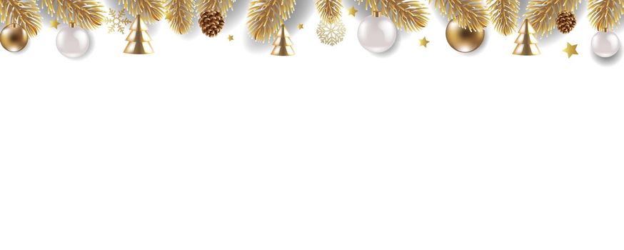 Christmas Frame With Fir Tree And Golden Christmas Toys And White Background